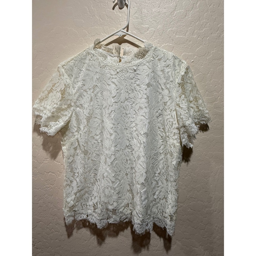 Laundry by Shelli Segal Cream Lace Short Sleeve Blouse Top Ivory Large